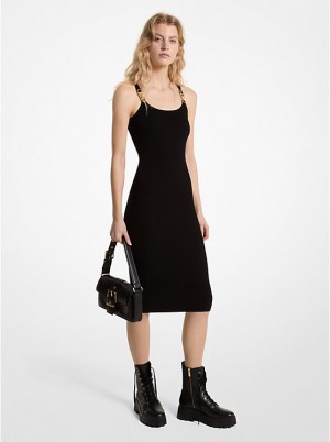 Women Michael Kors Ribbed Stretch Knit Midi Tank Dress Black | IMSGQO-829