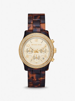 Women Michael Kors Runway Pavé Gold-Tone and Tortoiseshell Acetate Watches Brown | BSPTRK-127