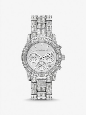 Women Michael Kors Runway Pavé Silver-Tone Watches Silver | SAVJCG-350