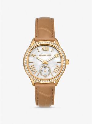 Women Michael Kors Sage Pavé Gold-Tone and Crocodile Embossed Leather Watches Gold | XSEBRU-078