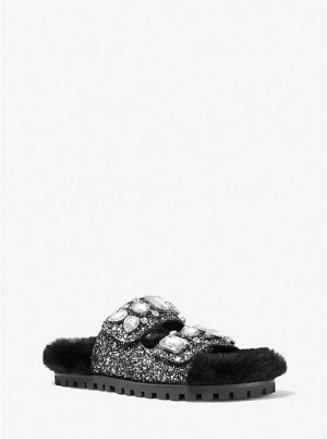 Women Michael Kors Stark Embellished Glitter and Faux Fur Slide Sandals Black / Silver | CZREDK-081