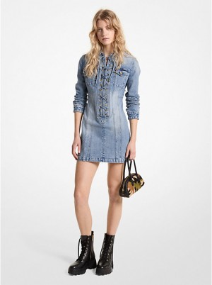 Women Michael Kors Stretch Denim Lace-Up Mini Dress Blue Wash | LNJKHX-410