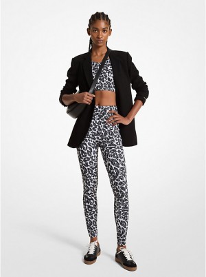 Women Michael Kors Stretch Recycled Nylon Leopard Logo Leggings Grey | CVRHLG-075