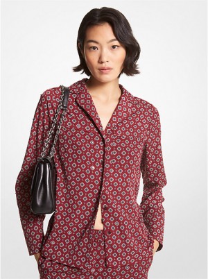 Women Michael Kors Studded Medallion Crushed Crepe Pajama Shirts Burgundy | AJZTOG-681