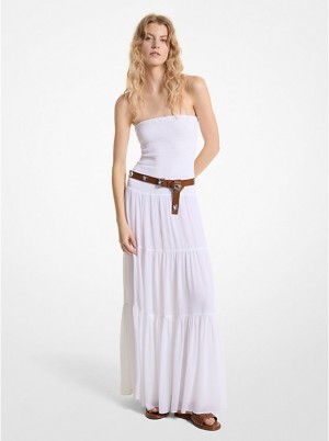 Women Michael Kors Tiered Smocked Georgette Maxi Dress White | TUNSDG-028