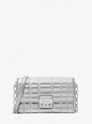 Women Michael Kors Tribeca Large Metallic Leather Convertible Crossbody Bags Silver | SOYZFM-469