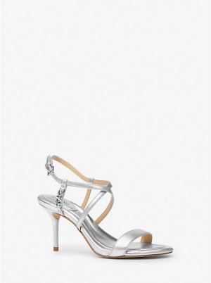 Women Michael Kors Veronica Metallic Leather Sandals Silver | YZGABR-342