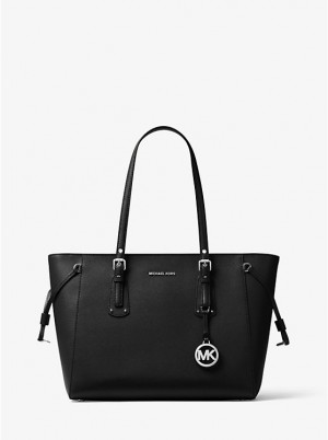 Women Michael Kors Voyager Medium Crossgrain Leather Tote Bag Black | SYRKMN-683