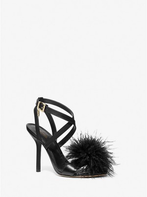 Women Michael Kors Whitby Feather Trim Leather Sandals Black | DSLMTX-451