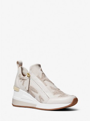 Women Michael Kors Willis Logo Stretch Knit Sneakers Gold | JFDVBL-360