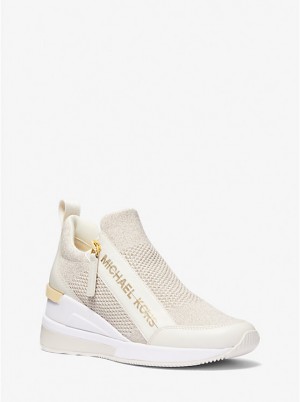 Women Michael Kors Willis Metallic Stretch Knit Sneakers White | DABNHG-927