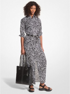 Women Michael Kors Zebra Print Organic Cotton Lawn Shirtdress Dress Black / White | UTAZPB-615