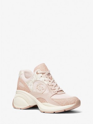 Women Michael Kors Zuma Two-Tone Empire Signature Logo and Mesh Sneakers Pink | WMDABQ-317