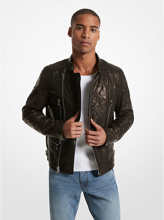 Men Michael Kors Crinkled Leather Biker Jackets Black | FGYLCO-645