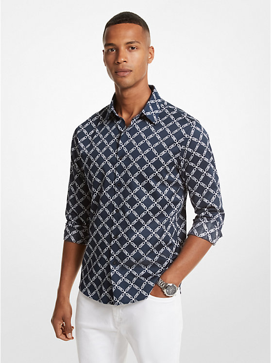 Men Michael Kors Empire Logo Print Stretch Cotton Shirts Navy | YSLVTR-708