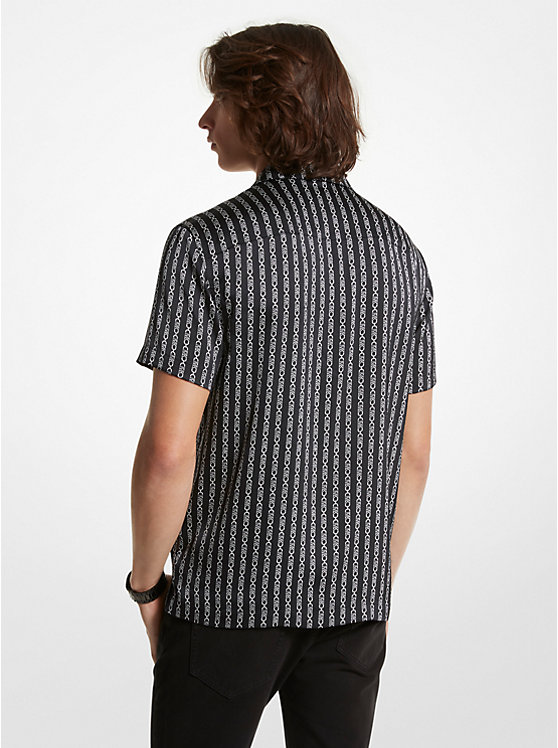 Men Michael Kors Empire Logo Striped Woven Camp Shirts Black | XGTAMR-387