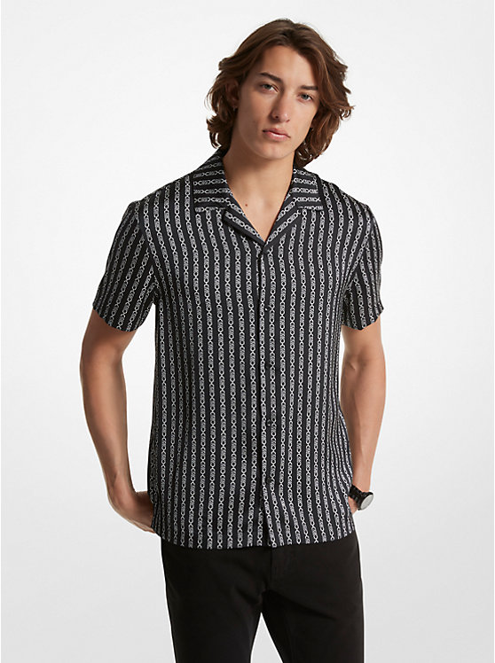 Men Michael Kors Empire Logo Striped Woven Camp Shirts Black | XGTAMR-387