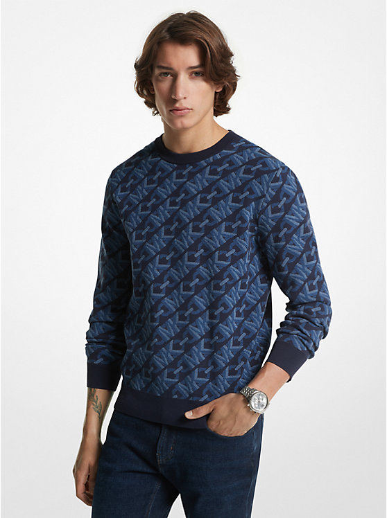 Men Michael Kors Empire Signature Logo Jacquard Merino Wool Sweaters Navy | UMVCSN-812