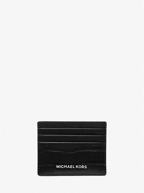 Men Michael Kors Hudson Crocodile Embossed Leather Tall Card Case Black | HRQOKM-902