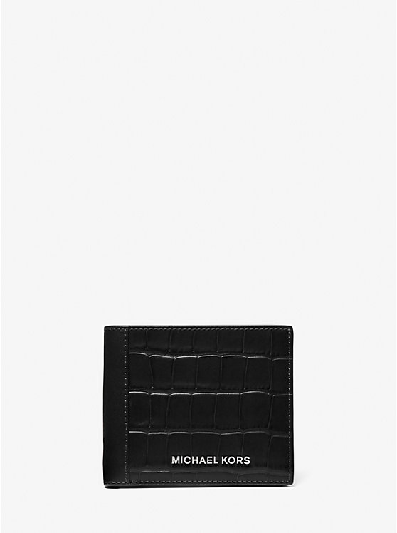 Men Michael Kors Hudson Crocodile Embossed Leather Billfold Wallets Black | QTLFWM-496