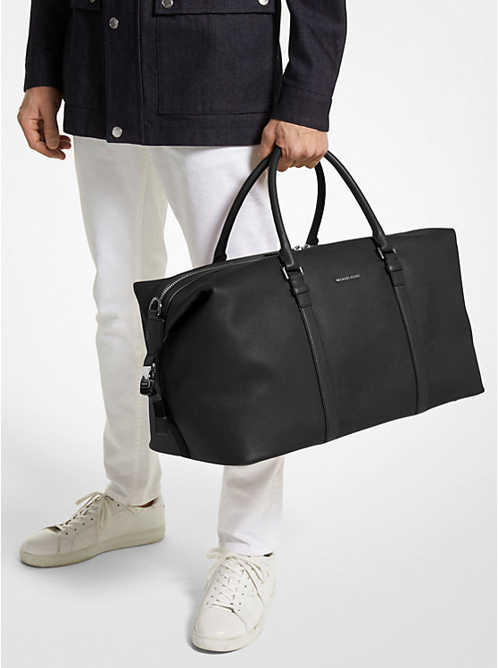 Men Michael Kors Hudson Pebbled Leather Duffel Bag Black | JYMPUW-728