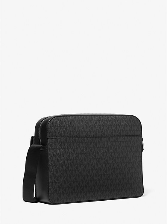 Men Michael Kors Hudson Signature Logo and Leather Crossbody Bags Black | GJZECL-642