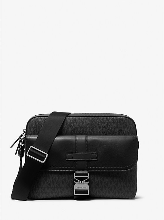 Men Michael Kors Hudson Signature Logo and Leather Crossbody Bags Black | GJZECL-642