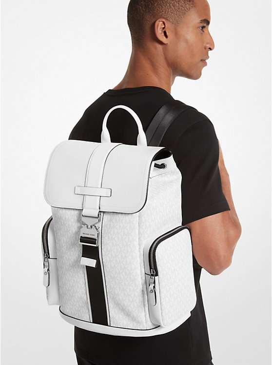 Men Michael Kors Hudson Signature Logo and Leather Cargo Backpack White | EGPIVY-127