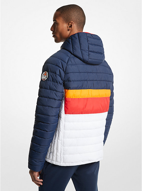 Men Michael Kors MK x ellesse Breckenridge Color-Blocked Quilted Nylon Puffer Jackets Navy | PXVMNF-295