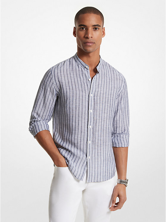 Men Michael Kors Striped Linen Blend Shirts Blue | GKALUH-461