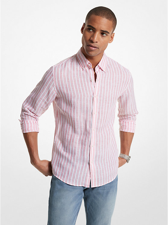 Men Michael Kors Striped Linen Blend Shirts Coral | UOEHKX-965