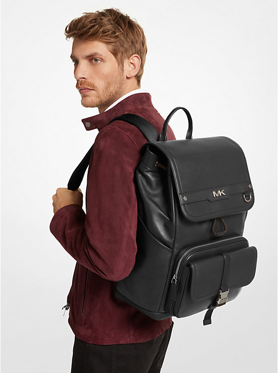 Men Michael Kors Varick Leather Backpack Black | UKMPJH-713