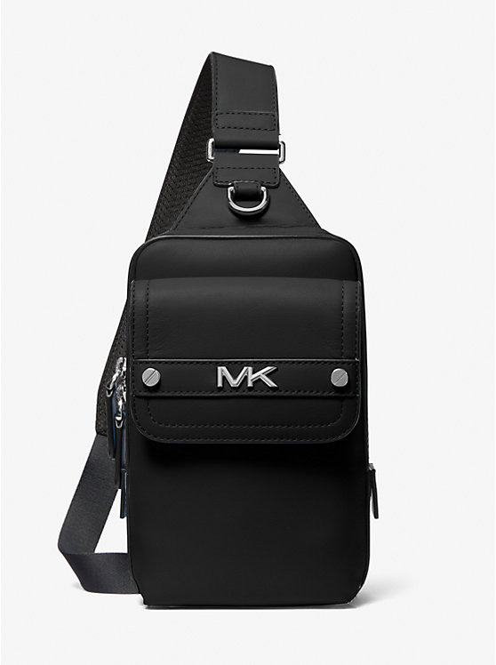 Men Michael Kors Varick Medium Leather Sling Pack Crossbody Bags Black | GXSNWF-213