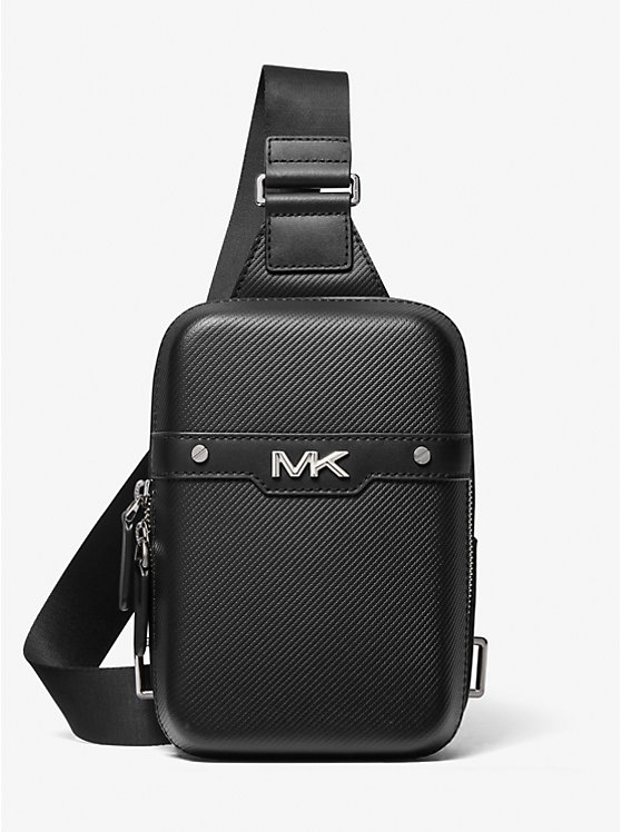 Men Michael Kors Varick Medium Textured Leather Sling Pack Crossbody Bags Black | MWRTXQ-189