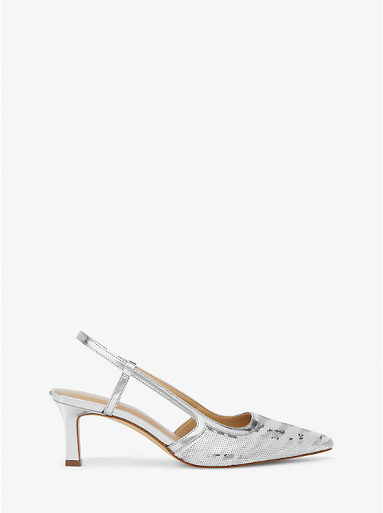 Women Michael Kors Alora Sequined Zebra Slingback Pumps White / Silver | ELYRTU-305