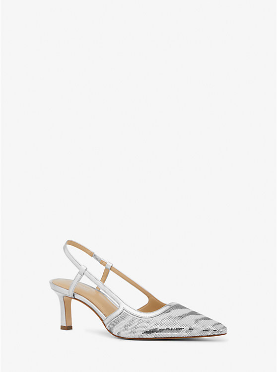 Women Michael Kors Alora Sequined Zebra Slingback Pumps White / Silver | ELYRTU-305