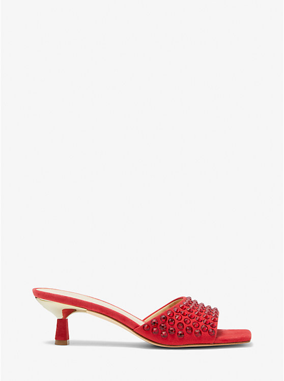 Women Michael Kors Amal Embellished Faux Suede Kitten Sandals Red | BHKRYN-147