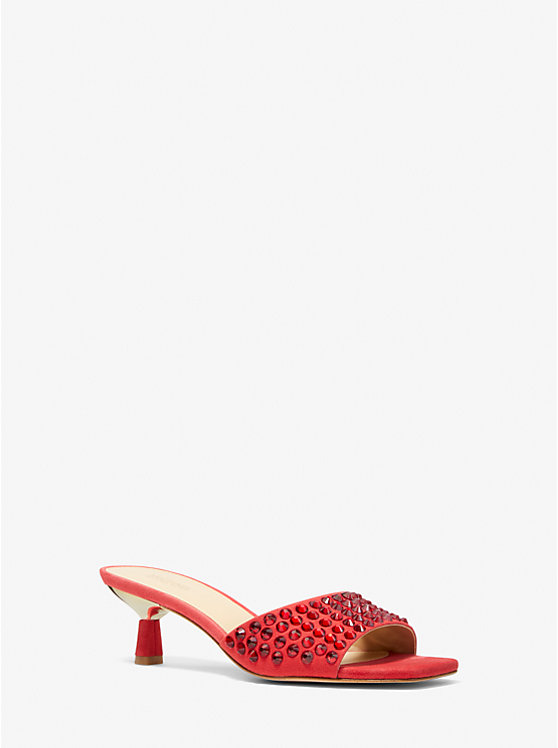 Women Michael Kors Amal Embellished Faux Suede Kitten Sandals Red | BHKRYN-147