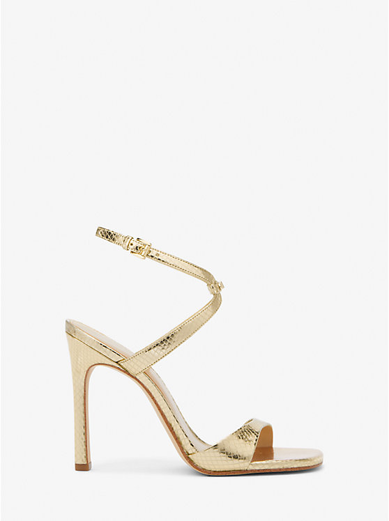 Women Michael Kors Amara Metallic Snake Embossed Leather Sandals Gold | CGVOBX-439