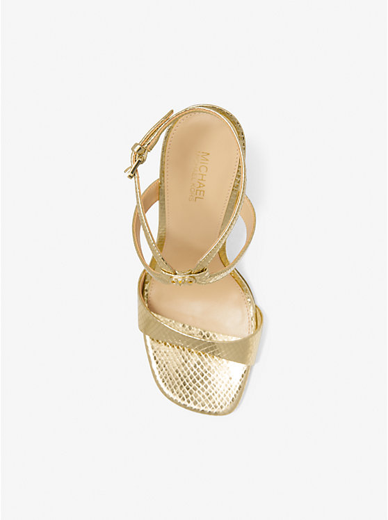 Women Michael Kors Amara Metallic Snake Embossed Leather Sandals Gold | CGVOBX-439