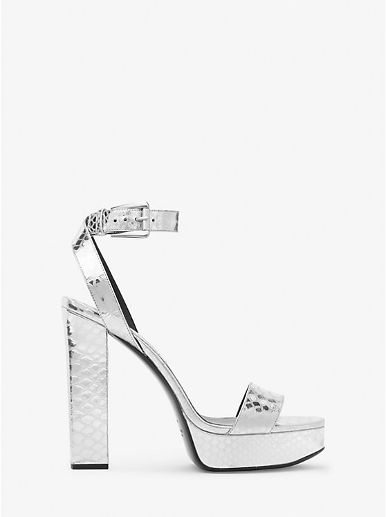 Women Michael Kors Anabelle Metallic Python Embossed Leather Platform Sandals Silver | OXIYUC-915