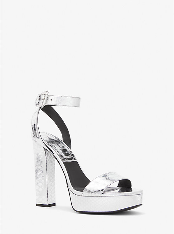 Women Michael Kors Anabelle Metallic Python Embossed Leather Platform Sandals Silver | OXIYUC-915