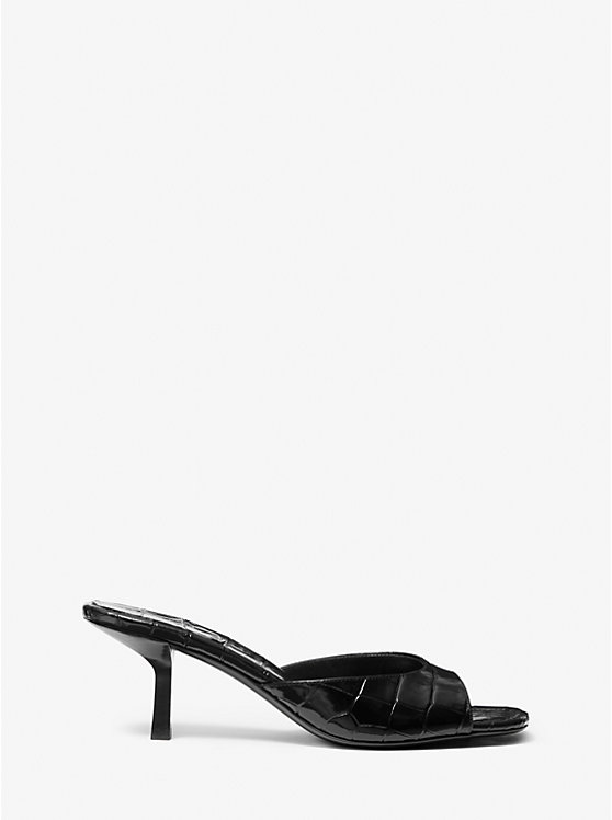 Women Michael Kors Anita Crocodile Embossed Leather Sandals Black | OWUYMX-510