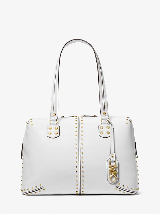 Women Michael Kors Astor Large Studded Leather Tote Bag White | CVRSNT-805