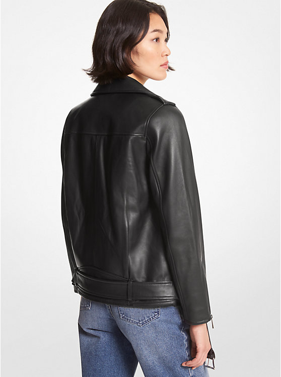 Women Michael Kors Belted Leather Biker Jackets Black | BOSAJT-751