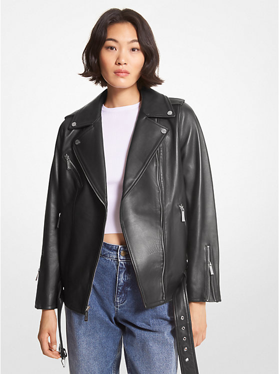 Women Michael Kors Belted Leather Biker Jackets Black | BOSAJT-751