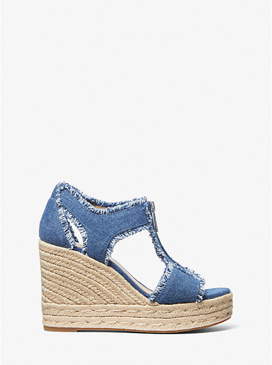 Women Michael Kors Berkley Frayed Denim Wedge Sandals Blue | JASTMC-570