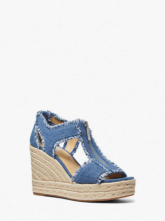 Women Michael Kors Berkley Frayed Denim Wedge Sandals Blue | JASTMC-570