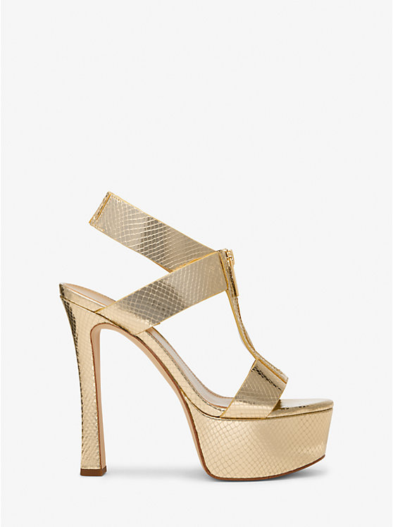 Women Michael Kors Berkley Metallic Snake Embossed Leather Platform Sandals Gold | SEXIWJ-198