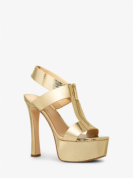 Women Michael Kors Berkley Metallic Snake Embossed Leather Platform Sandals Gold | SEXIWJ-198